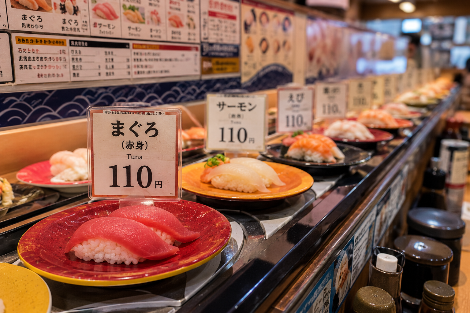 Plates of sushi on a conveyor belt at an affordable sushi restaurant in Japan